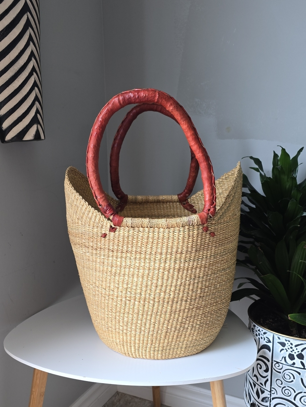 114 Handwoven Strorage Basket  with Red Wrapped Handles